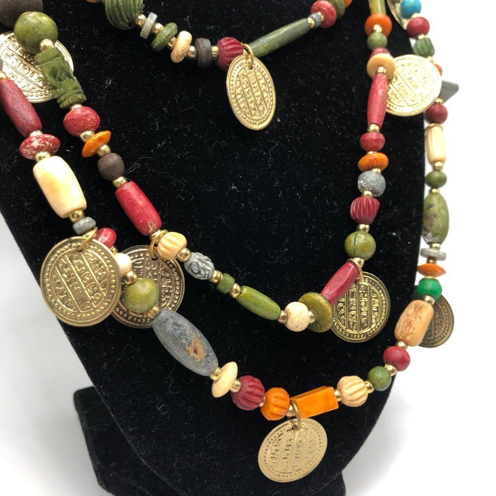 Vintage Gold Coin Wood Bead Multicolor Three Strand Statement Necklace - Picture 3 of 5